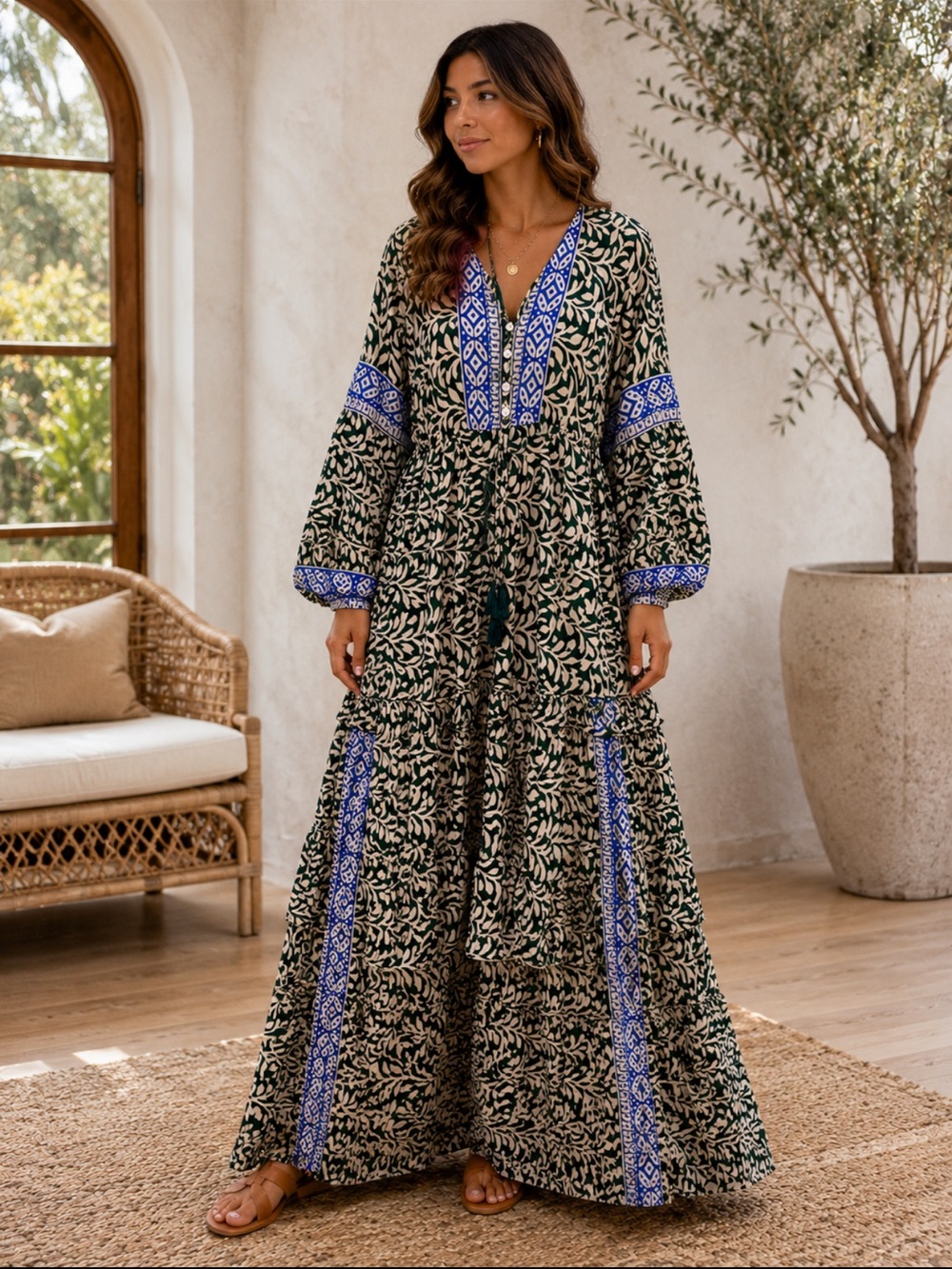 Bohemian Maxi Dress with Blue Trim - Green Leaf Print Silk Blend